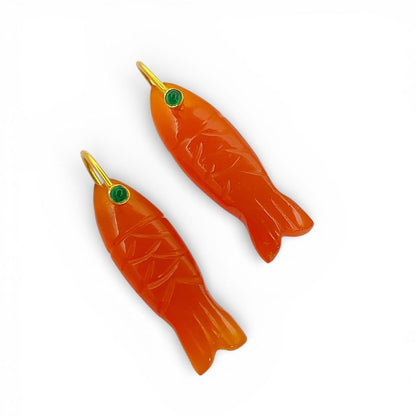 Orange Carnelian Fish Carved Pendant Inlay Gemstone in 925 Sterling Silver, Lucky Animal Charm for DIY Jewellery