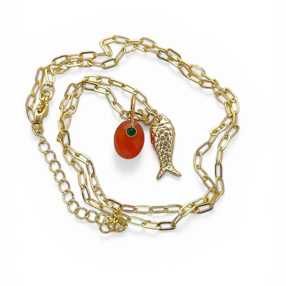 Orange Carnelian Fish Necklace, Tropical Beach Charm Pendant, Layered Gold Plated Jewelry for Women Gift