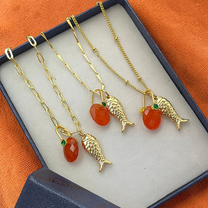 Orange Carnelian Fish Necklace, Tropical Beach Charm Pendant, Layered Gold Plated Jewelry for Women Gift