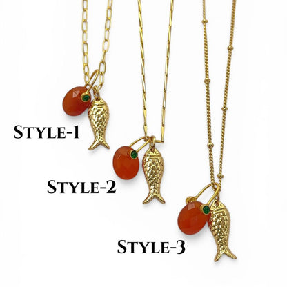 Orange Carnelian Fish Necklace, Tropical Beach Charm Pendant, Layered Gold Plated Jewelry for Women Gift