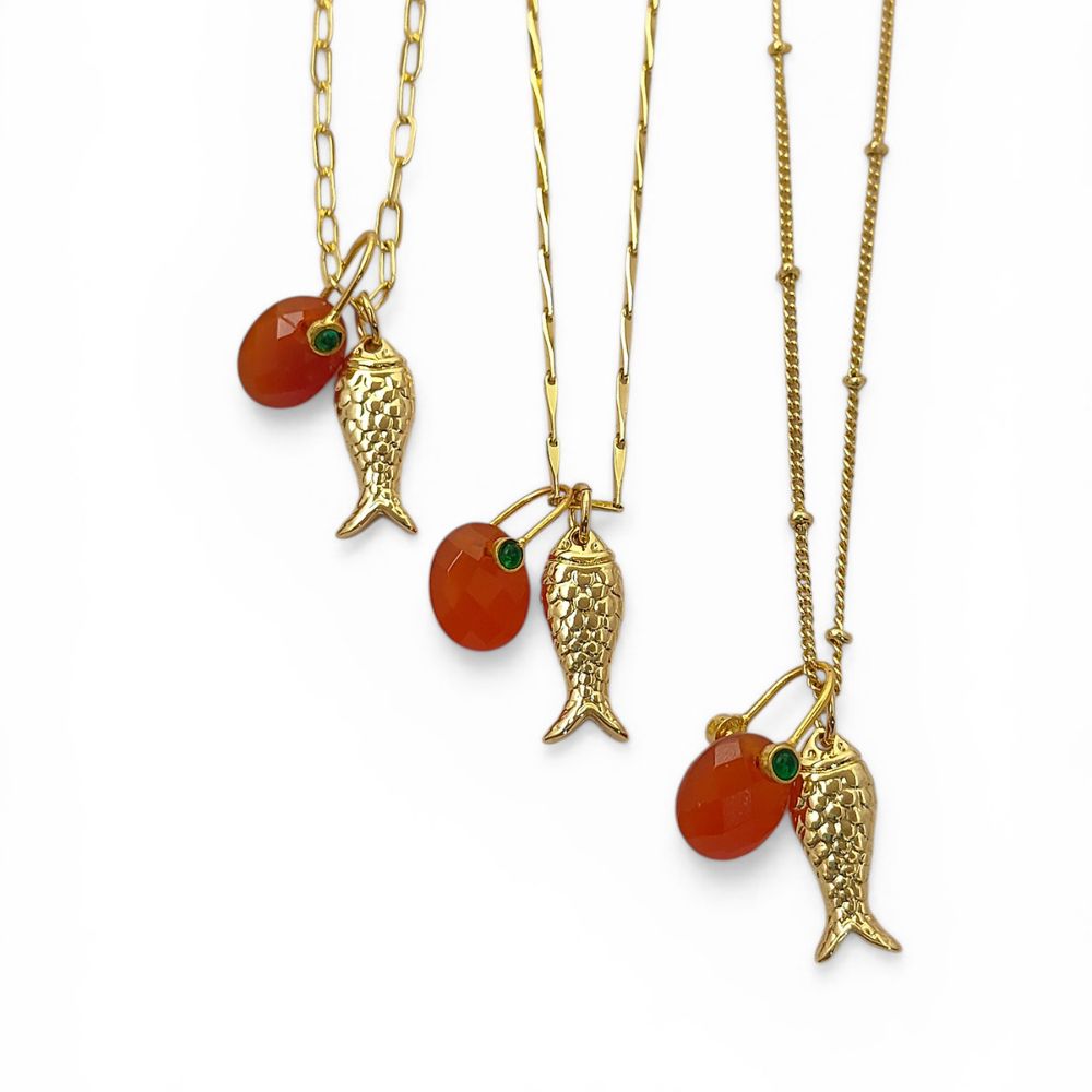 Orange Carnelian Fish Necklace, Tropical Beach Charm Pendant, Layered Gold Plated Jewelry for Women Gift