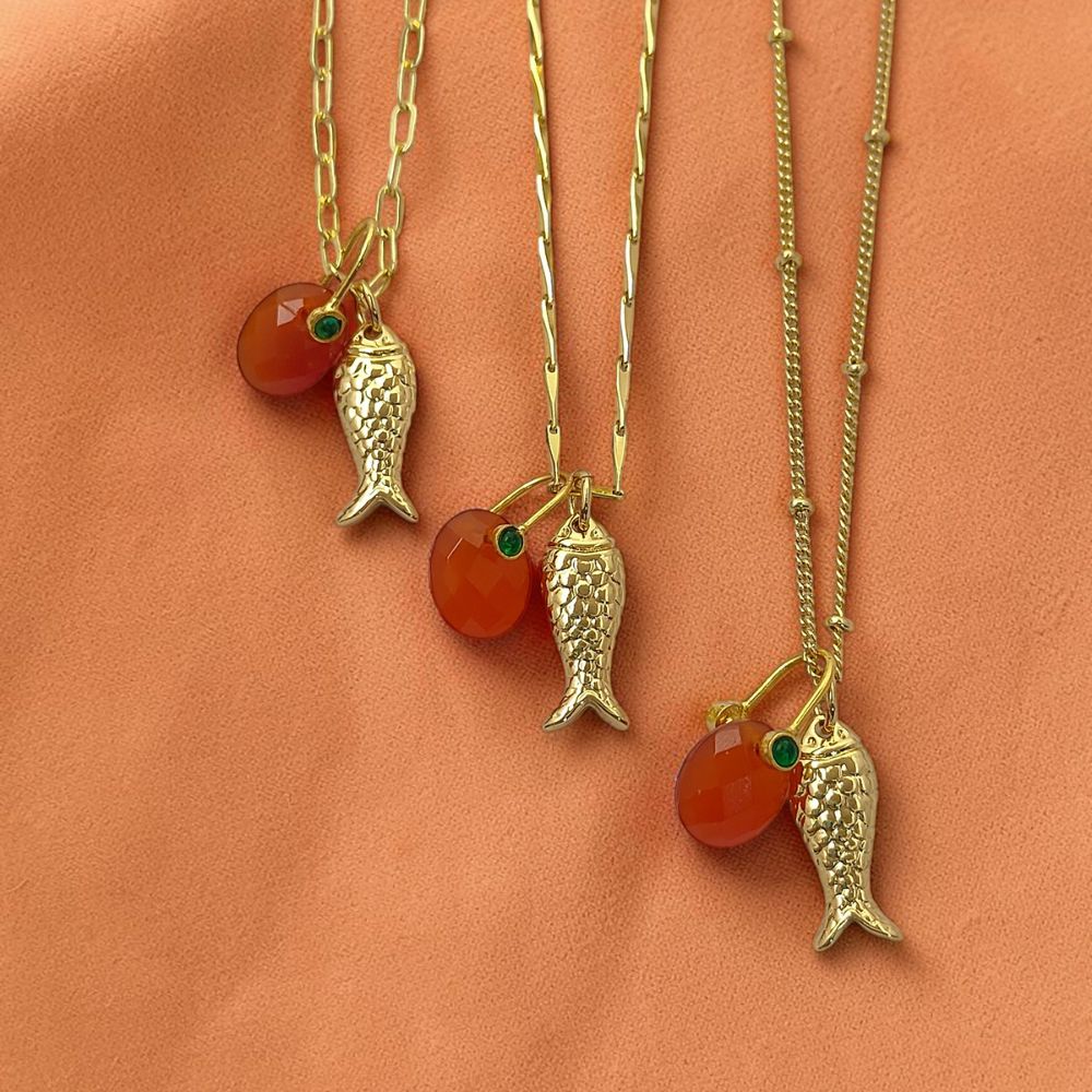 Orange Carnelian Fish Necklace, Tropical Beach Charm Pendant, Layered Gold Plated Jewelry for Women Gift