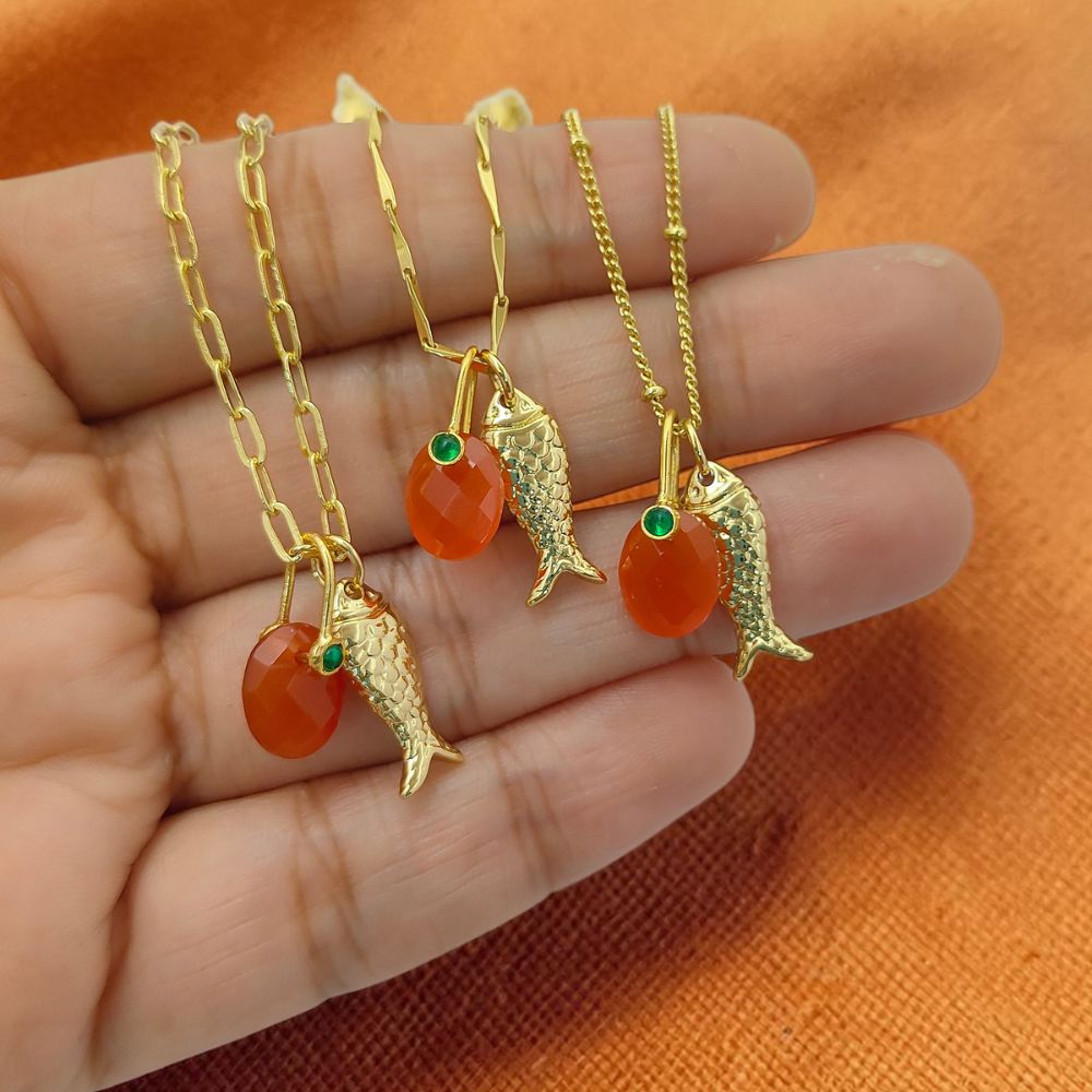Orange Carnelian Fish Necklace, Tropical Beach Charm Pendant, Layered Gold Plated Jewelry for Women Gift
