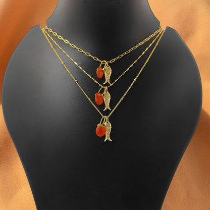 Orange Carnelian Fish Necklace, Tropical Beach Charm Pendant, Layered Gold Plated Jewelry for Women Gift