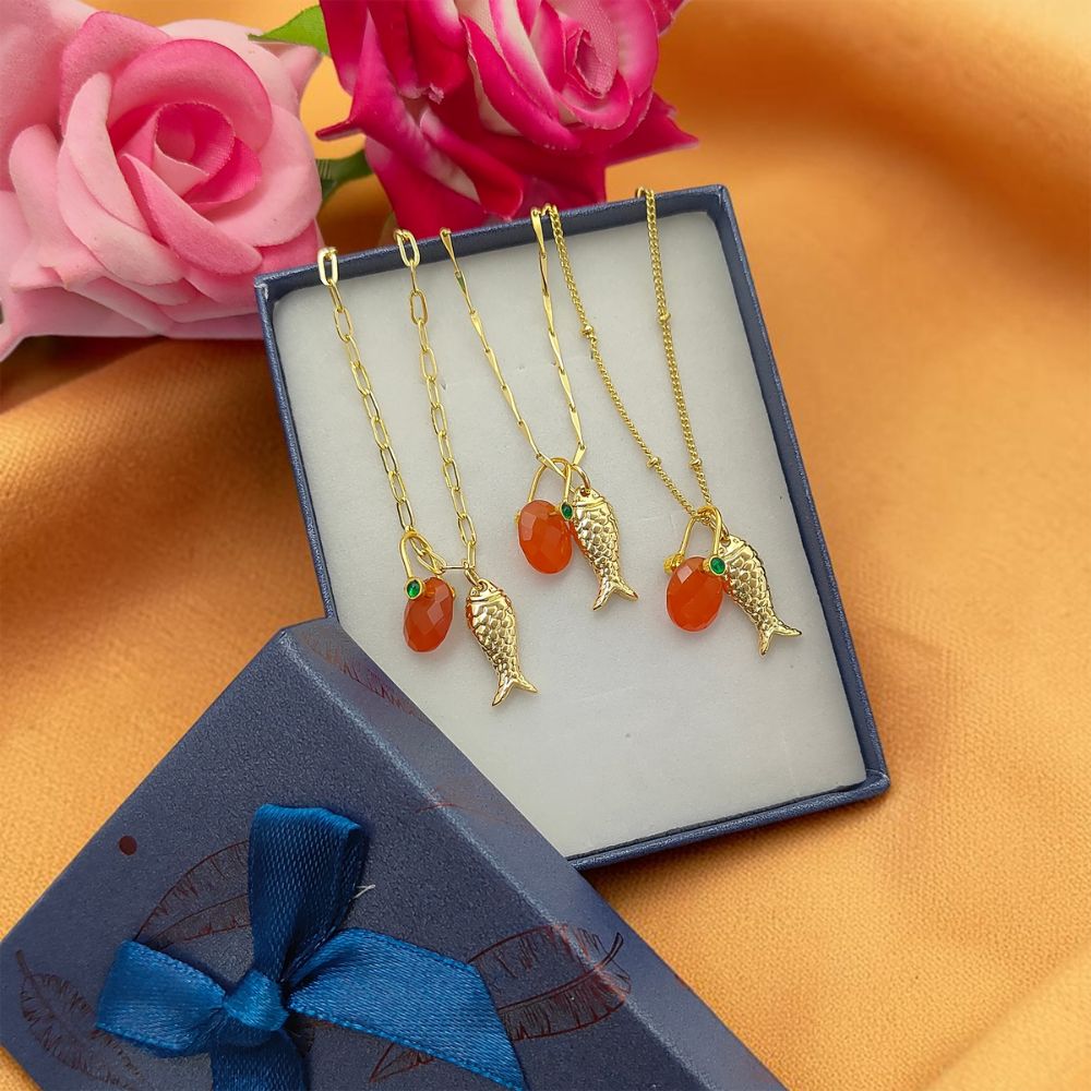 Orange Carnelian Fish Necklace, Tropical Beach Charm Pendant, Layered Gold Plated Jewelry for Women Gift