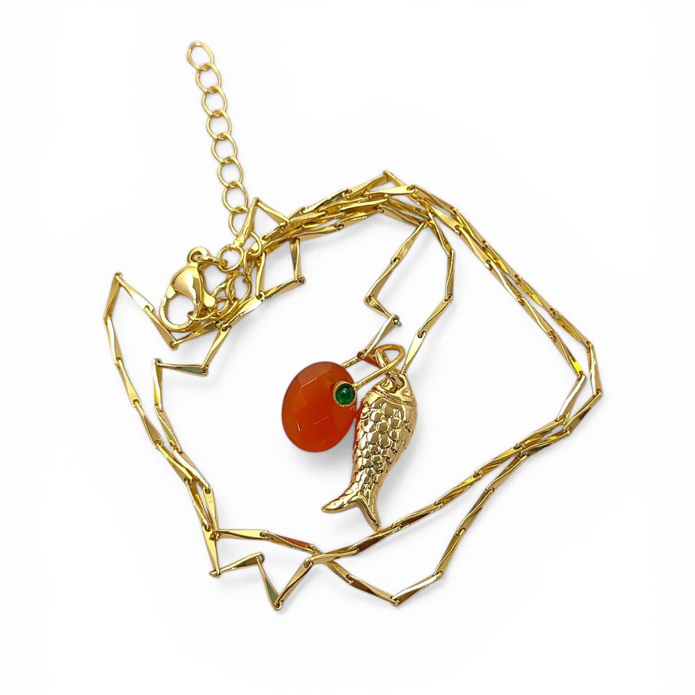 Orange Carnelian Fish Necklace, Tropical Beach Charm Pendant, Layered Gold Plated Jewelry for Women Gift