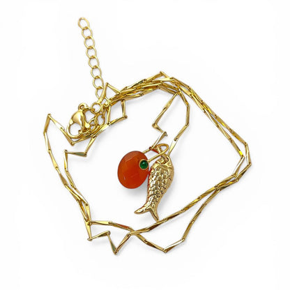 Orange Carnelian Fish Necklace, Tropical Beach Charm Pendant, Layered Gold Plated Jewelry for Women Gift