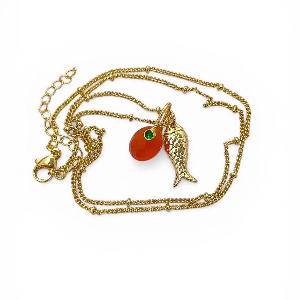 Orange Carnelian Fish Necklace, Tropical Beach Charm Pendant, Layered Gold Plated Jewelry for Women Gift