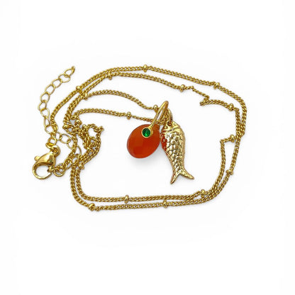 Orange Carnelian Fish Necklace, Tropical Beach Charm Pendant, Layered Gold Plated Jewelry for Women Gift
