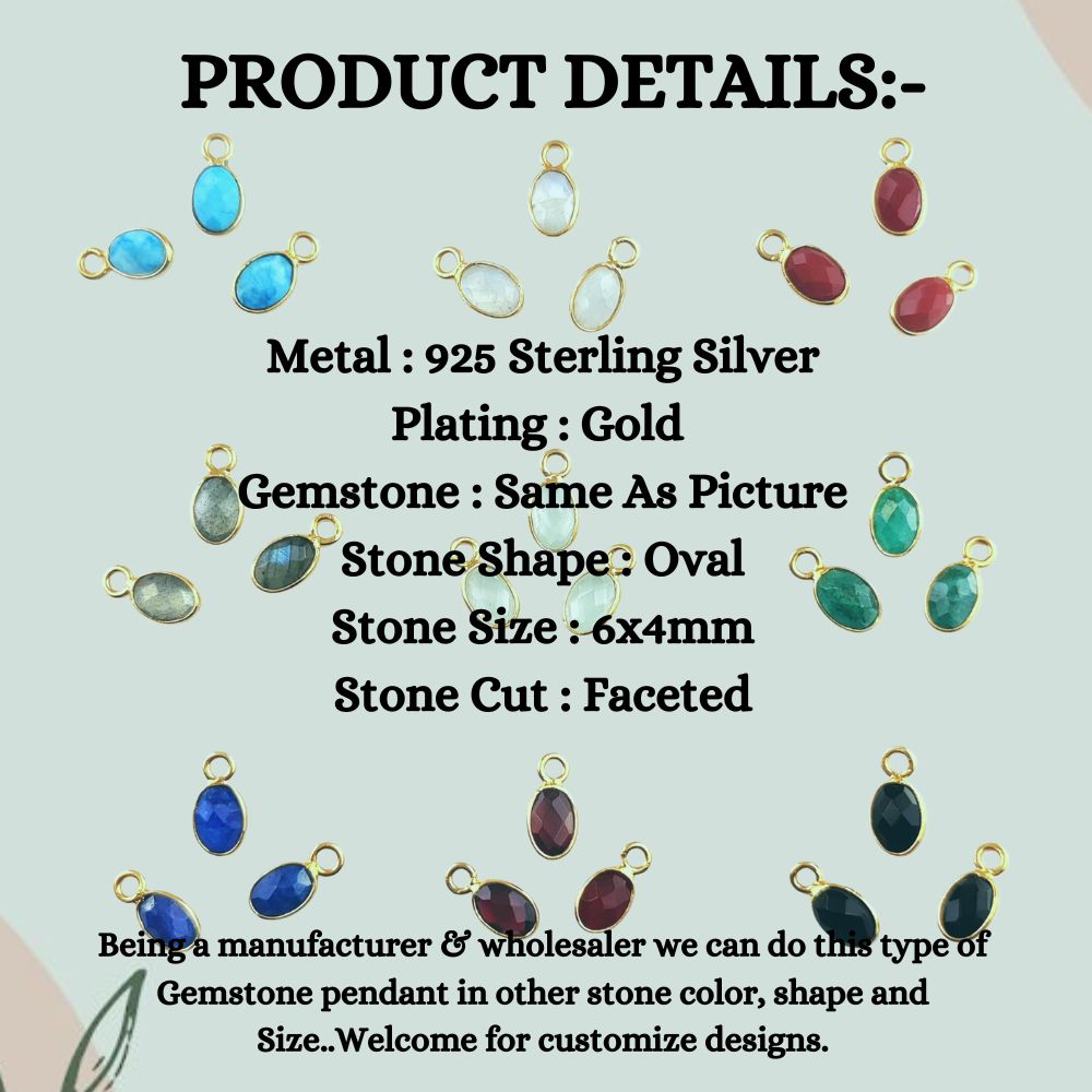 Oval 6x4mm Faceted Gemstone Bezel Pendant Dainty 925 Silver Gold Plated Charm for DIY Jewelry