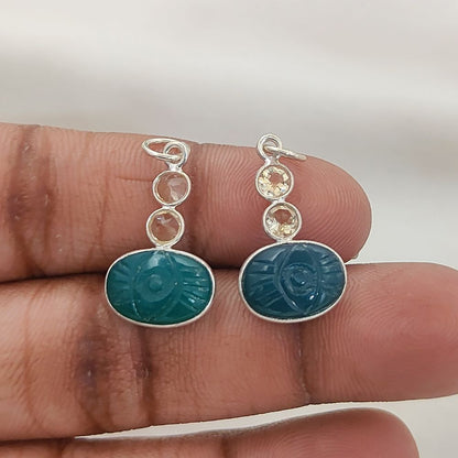 Oval Green Onyx Carved Pendant with Natural Citrine Stones 925 Sterling Silver DIY Jewelry Connector- Selling Per Piece