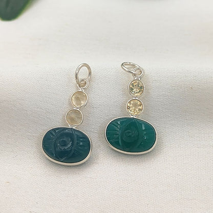 Oval Green Onyx Carved Pendant with Natural Citrine Stones 925 Sterling Silver DIY Jewelry Connector- Selling Per Piece