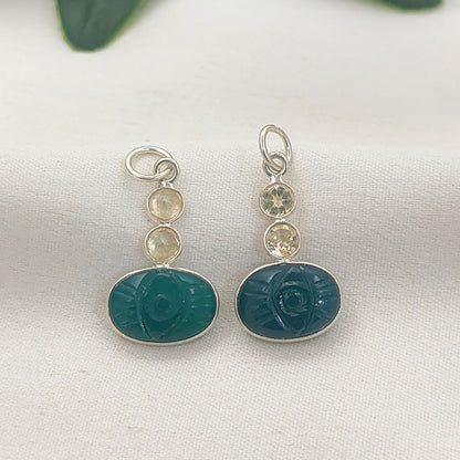 Oval Green Onyx Carved Pendant with Natural Citrine Stones 925 Sterling Silver DIY Jewelry Connector- Selling Per Piece