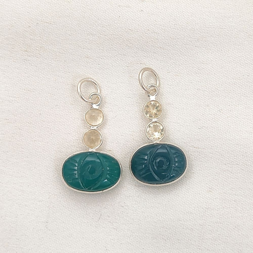 Oval Green Onyx Carved Pendant with Natural Citrine Stones 925 Sterling Silver DIY Jewelry Connector- Selling Per Piece