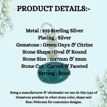 Oval Green Onyx Carved Pendant with Natural Citrine Stones 925 Sterling Silver DIY Jewelry Connector- Selling Per Piece