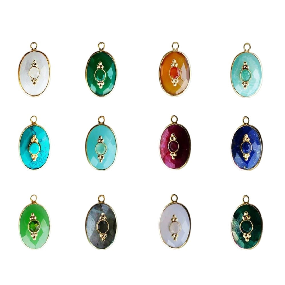 Oval Shape Multi-Color Gemstone Pendant in Gold Plated 925 Silver Bezel Set Connector Charm for Jewelry Designers