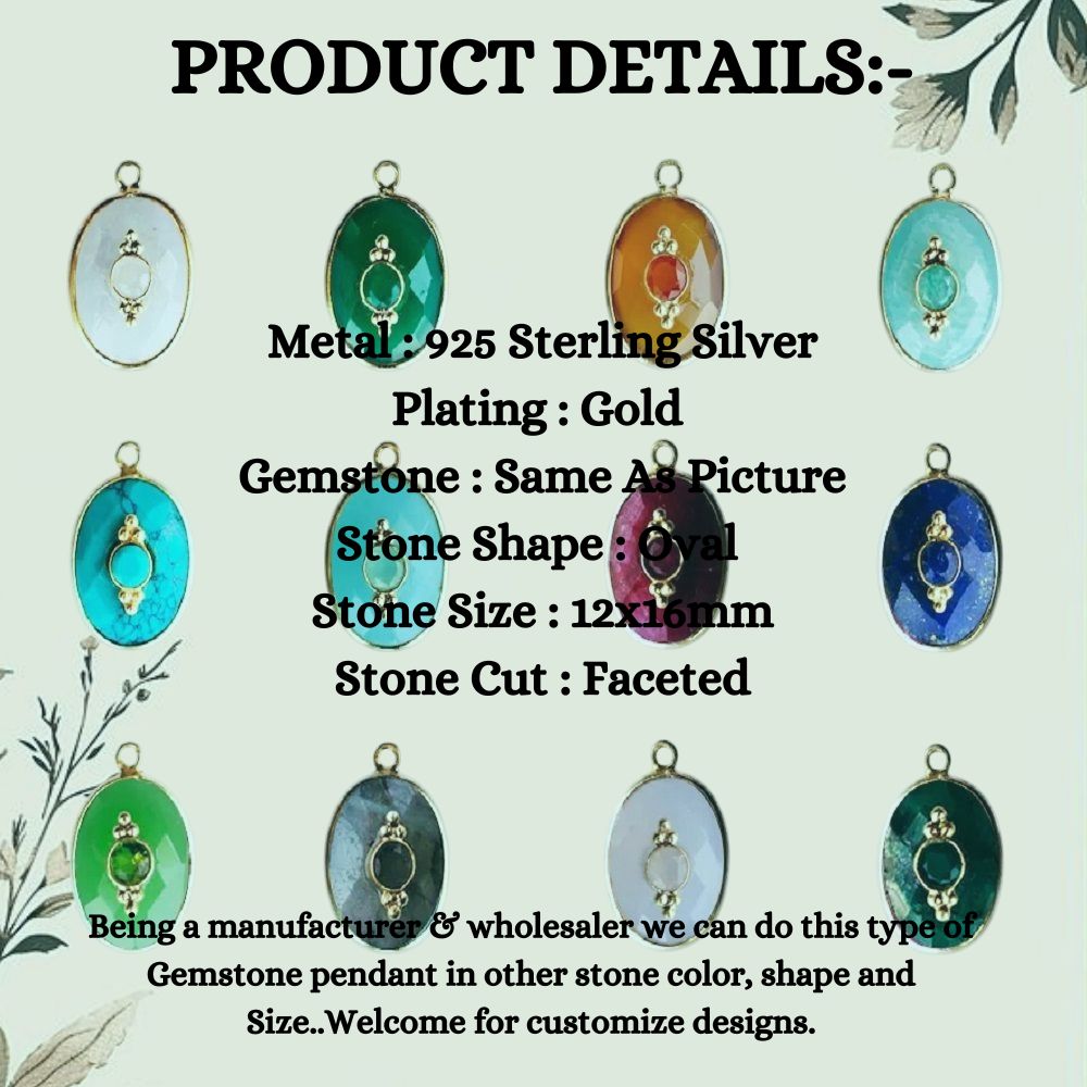Oval Shape Multi-Color Gemstone Pendant in Gold Plated 925 Silver Bezel Set Connector Charm for Jewelry Designers