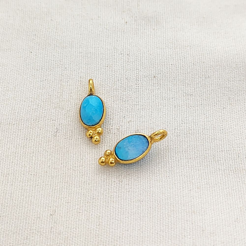 Oval Shape Turquoise Gemstone Pendant Gold Plated Tiny Boho Dangle Charm for DIY Jewellery Making Craft & Design Supplies
