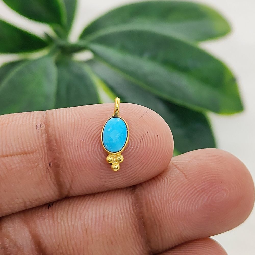 Oval Shape Turquoise Gemstone Pendant Gold Plated Tiny Boho Dangle Charm for DIY Jewellery Making Craft & Design Supplies