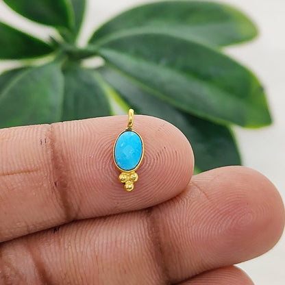 Oval Shape Turquoise Gemstone Pendant Gold Plated Tiny Boho Dangle Charm for DIY Jewellery Making Craft & Design Supplies