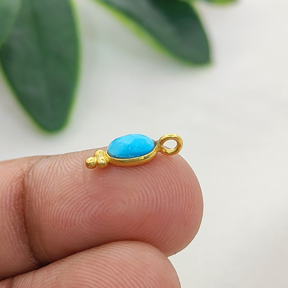 Oval Shape Turquoise Gemstone Pendant Gold Plated Tiny Boho Dangle Charm for DIY Jewellery Making Craft & Design Supplies