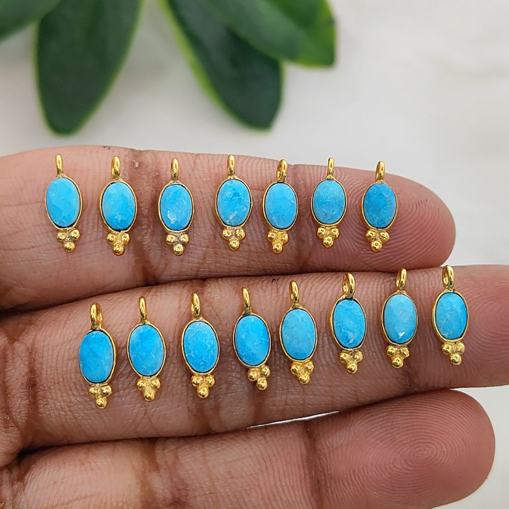 Oval Shape Turquoise Gemstone Pendant Gold Plated Tiny Boho Dangle Charm for DIY Jewellery Making Craft & Design Supplies