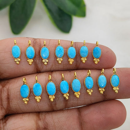 Oval Shape Turquoise Gemstone Pendant Gold Plated Tiny Boho Dangle Charm for DIY Jewellery Making Craft & Design Supplies