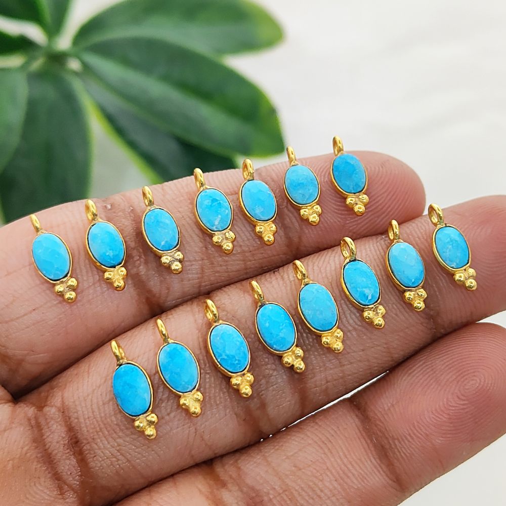 Oval Shape Turquoise Gemstone Pendant Gold Plated Tiny Boho Dangle Charm for DIY Jewellery Making Craft & Design Supplies