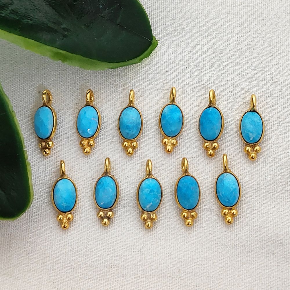 Oval Shape Turquoise Gemstone Pendant Gold Plated Tiny Boho Dangle Charm for DIY Jewellery Making Craft & Design Supplies