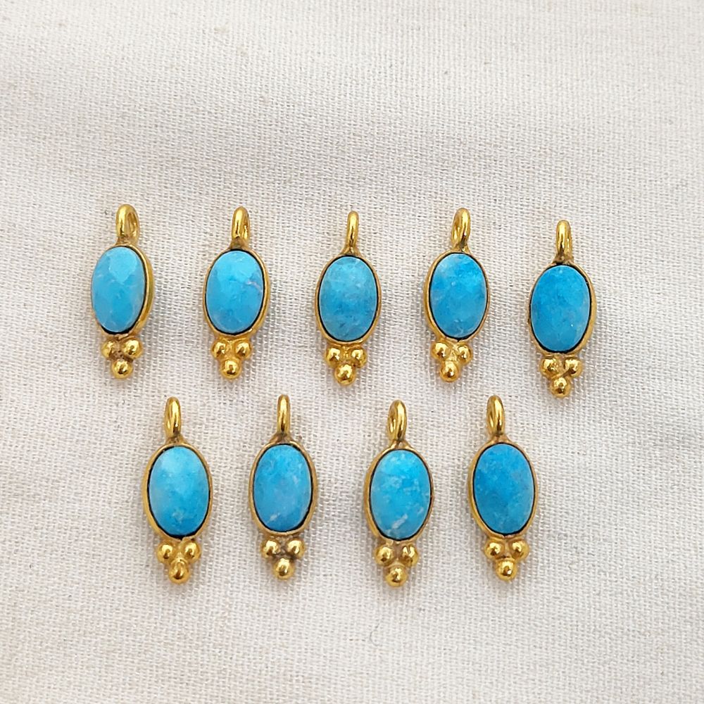 Oval Shape Turquoise Gemstone Pendant Gold Plated Tiny Boho Dangle Charm for DIY Jewellery Making Craft & Design Supplies