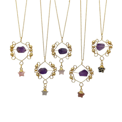 Raw Amethyst Crystal Necklace with Gold Star Charm Celestial-Inspired Bohemian Handmade Jewelry- Selling Per Piece