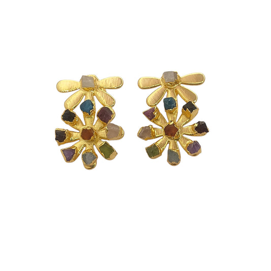 Handmade Raw Gemstone Stud Earrings Multi-Color Wildflower Style Studs Unique Boho Jewelry- Selling Per Pair