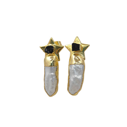 Handmade Black Tourmaline Star Earrings with White Freshwater Pearls Gold Plated Bridal Jewelry- Selling Per Pair