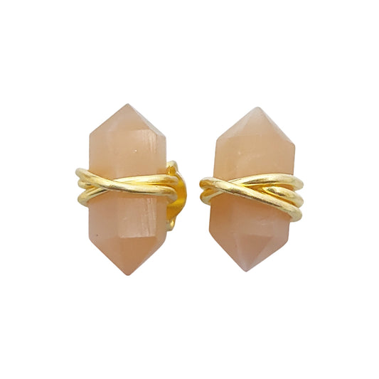 Peach Moonstone Double Point Stud Earrings 12x5mm Handmade Gold Vermeil Crystal Jewelry for Women- Selling Per Pair