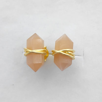 Peach Moonstone Double Point Stud Earrings 12x5mm Handmade Gold Vermeil Crystal Jewelry for Women- Selling Per Pair