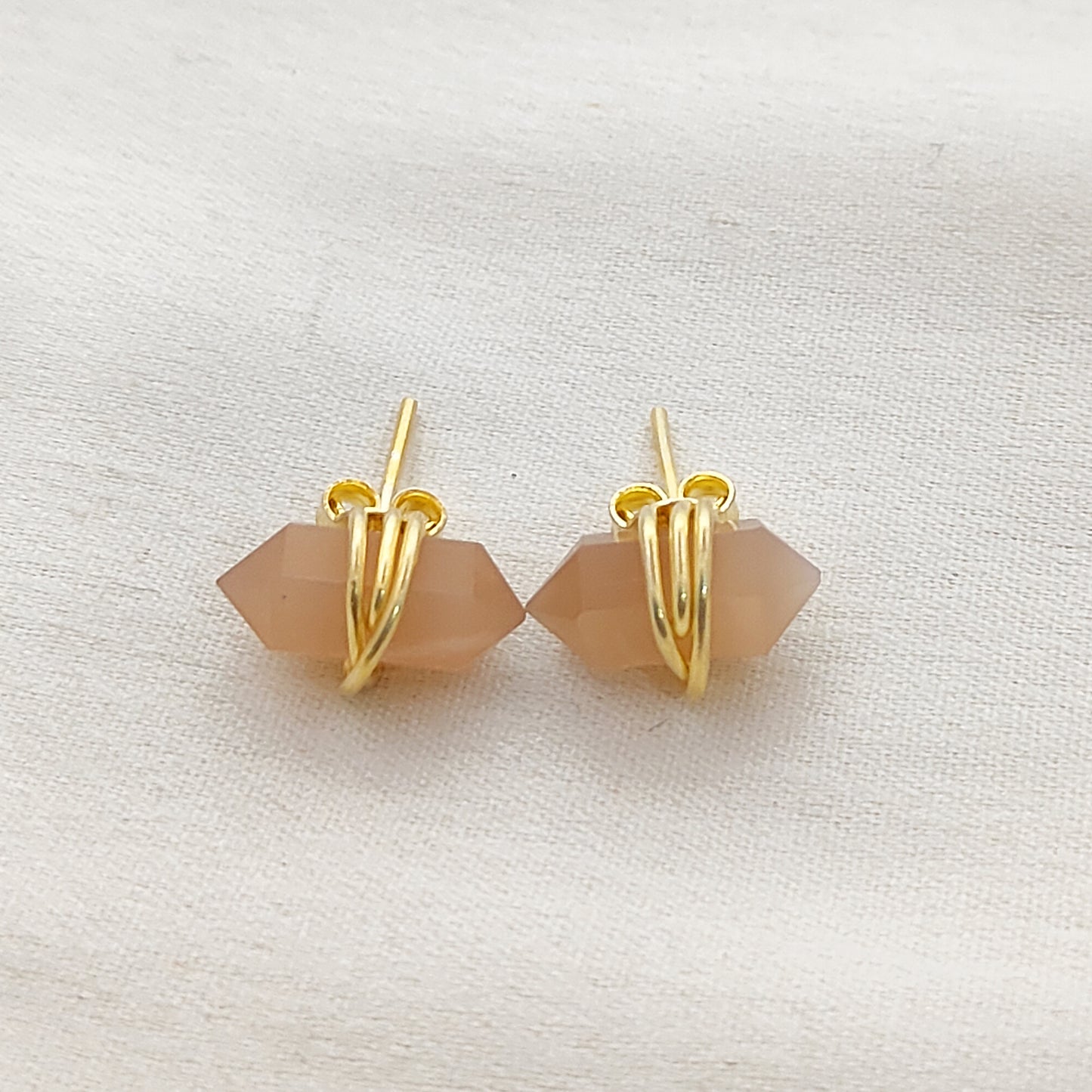 Peach Moonstone Double Point Stud Earrings 12x5mm Handmade Gold Vermeil Crystal Jewelry for Women- Selling Per Pair