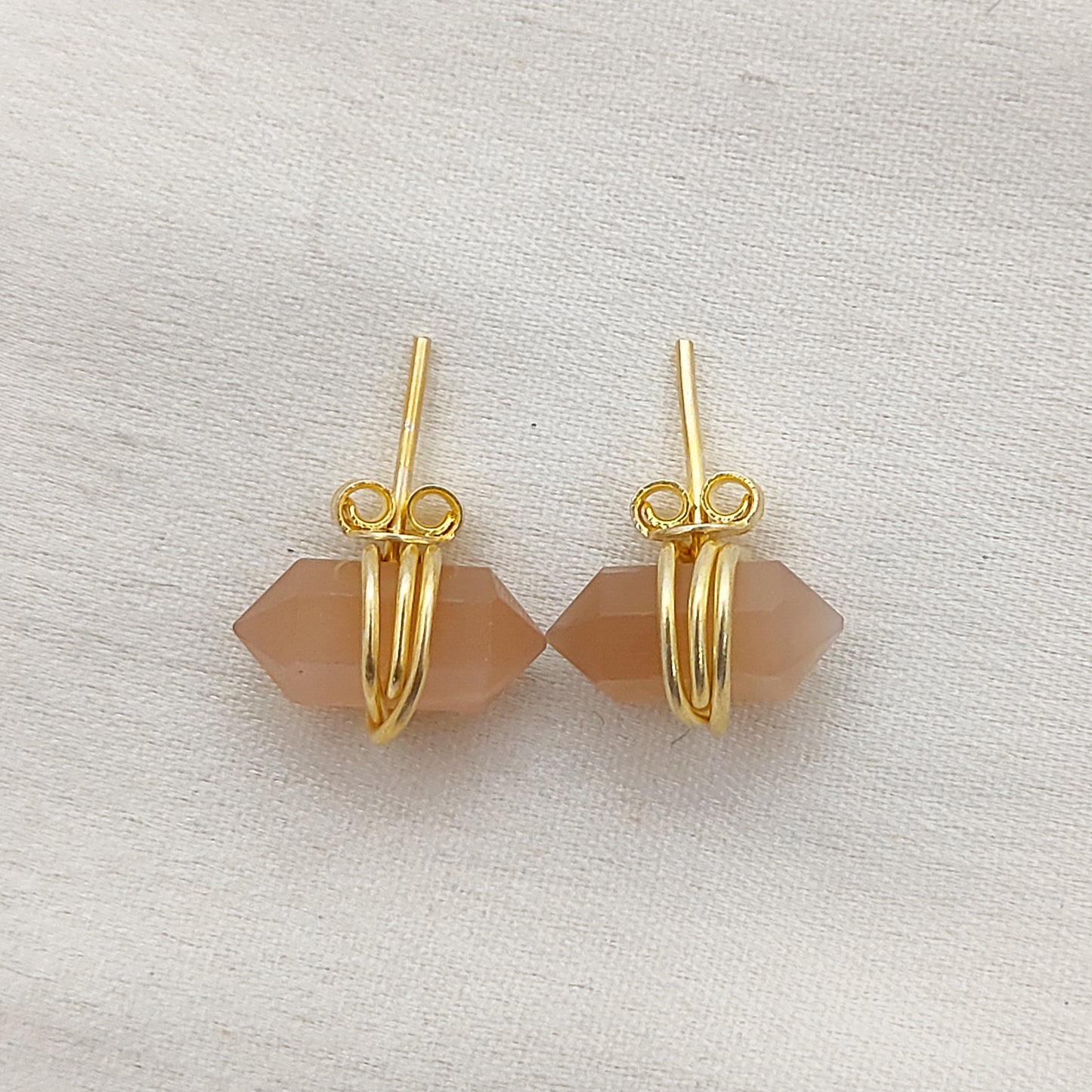 Peach Moonstone Double Point Stud Earrings 12x5mm Handmade Gold Vermeil Crystal Jewelry for Women- Selling Per Pair