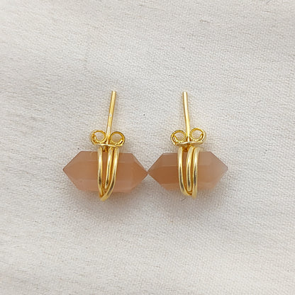 Peach Moonstone Double Point Stud Earrings 12x5mm Handmade Gold Vermeil Crystal Jewelry for Women- Selling Per Pair