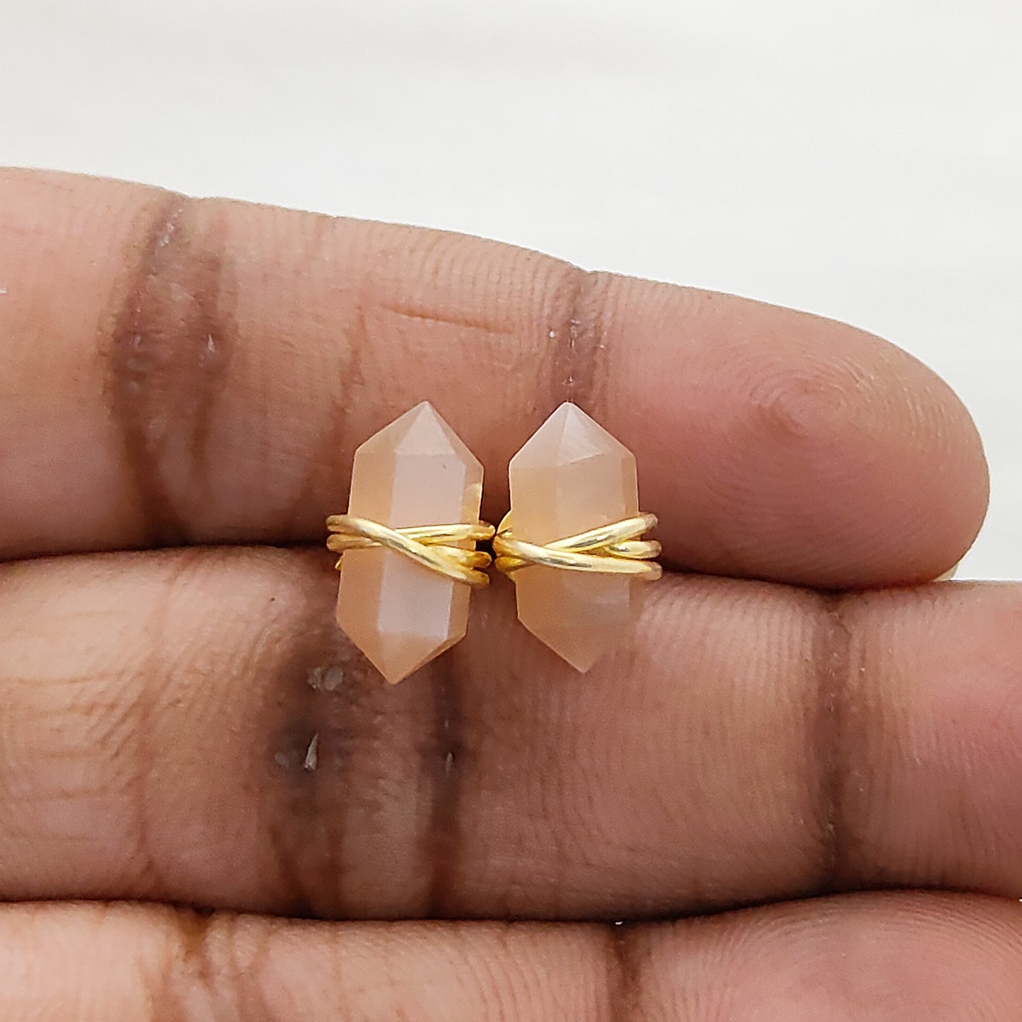 Peach Moonstone Double Point Stud Earrings 12x5mm Handmade Gold Vermeil Crystal Jewelry for Women- Selling Per Pair