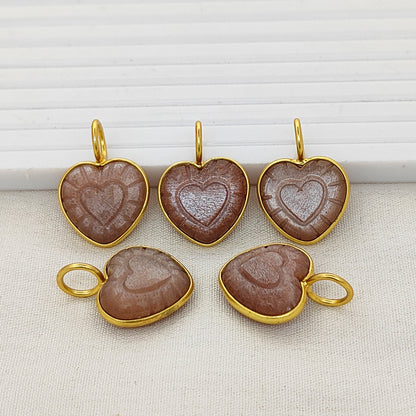 Peach Moonstone Heart Charm Necklace Handmade 15mm Healing Gemstone Pendant for Spiritual Jewelry- Selling Per Piece