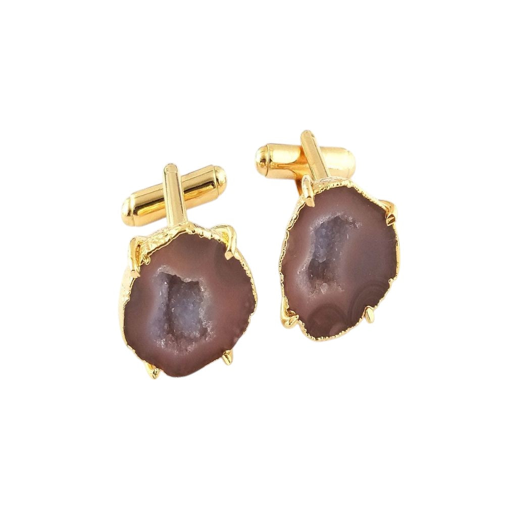 Peach Geode Druzy Cufflinks - Gold Electroplated Handmade Stone Jewelry for Men - Pair