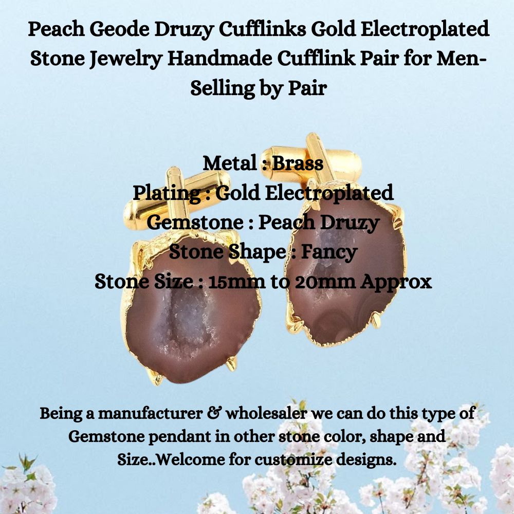 Handmade Peach Geode Druzy Cufflinks - Gold Electroplated Men’s Jewelry - Selling by Pair
