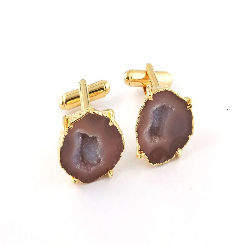 Gold Electroplated Peach Druzy Cufflinks - Handmade Geode Stone Jewelry for Men - Pair