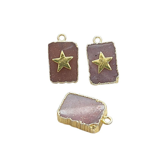 Peach Moonstone crystal slice pendant with star gold electroplated rectangle charm