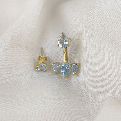 Pear Shape Natural Swiss Blue Topaz Ear Jacket Gold Plated Sterling Silver Birthstone Handmade Earrings Jewelry- Selling Per Piece