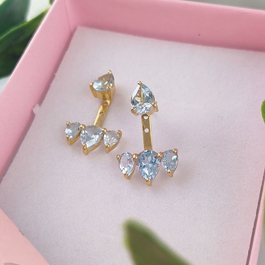 Pear Shape Swiss Blue Topaz Ear Jacket Gold Plated Sterling Silver Handmade Jewelry
