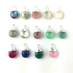 Pear 13x9mm Multi Gemstone Charms Pendant Silver Electroplated Cap Teardrop Handmade Minimalist Jewelry- Selling Per Piece