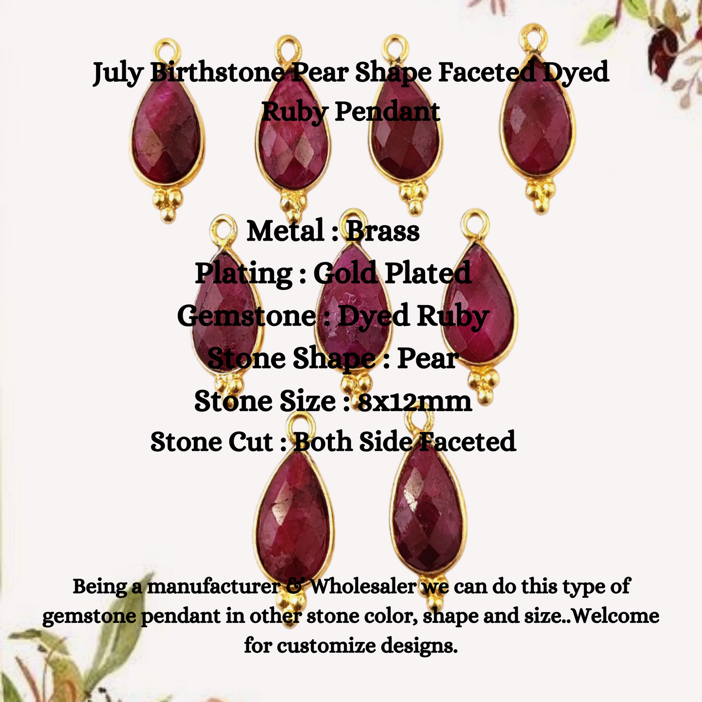 Gold Plated Tiny Dainty Gemstone Pendant July Birthstone Pear Shape Faceted Dyed Ruby Pendant- Selling Per Piece