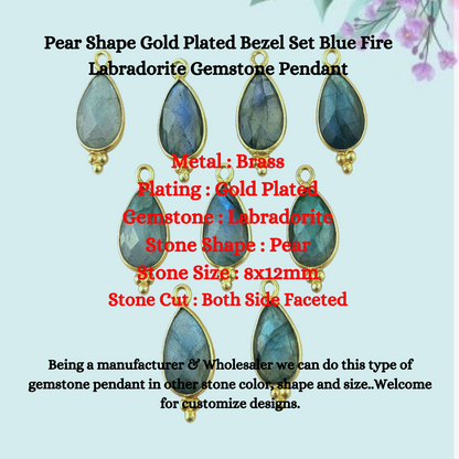 8x12mm Pear Shape Gold Plated Bezel Set Blue Fire Labradorite Gemstone Pendant For Making Jewelry- Selling Per Piece