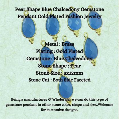 8x12 mm Pear Shape Blue Chalcedony Gemstone Pendant Gold Plated Fashion Jewelry For Women- Selling Per Piece